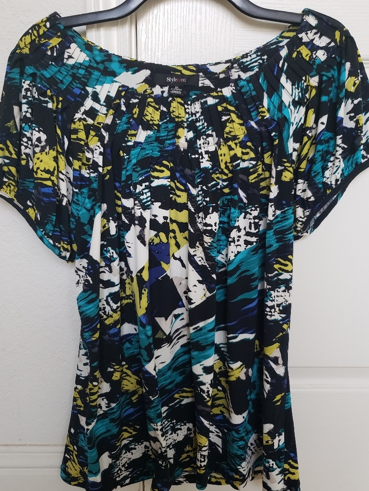 Style & Co Abstract Blue/Black Wide Neck Blouse